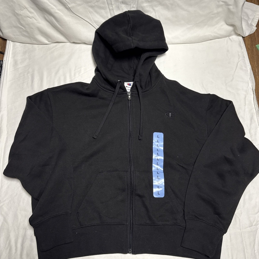 Champion Fleece Full Zip Hoodie Black Women's Large Logo Pockets Hooded